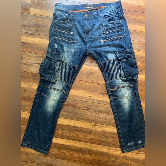 Copper Rivet Jeans Mens 42/32 Blue Straight Distressed Zip Detail Biker Moto - Picture 1 of 14